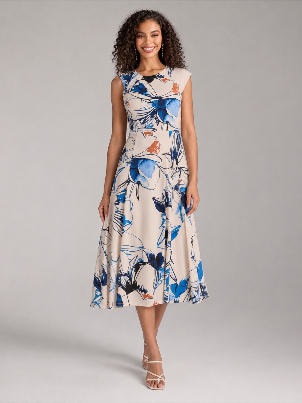 Calvin Klein Floral Fit & Flare Midi Dress Asymmetrical Sleeve Size 2 NWT